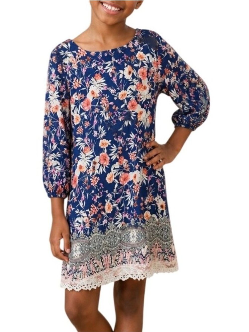 Amy Byer Girls Size 7 Dress Boho Floral Sheer Overlay White Lace Trim